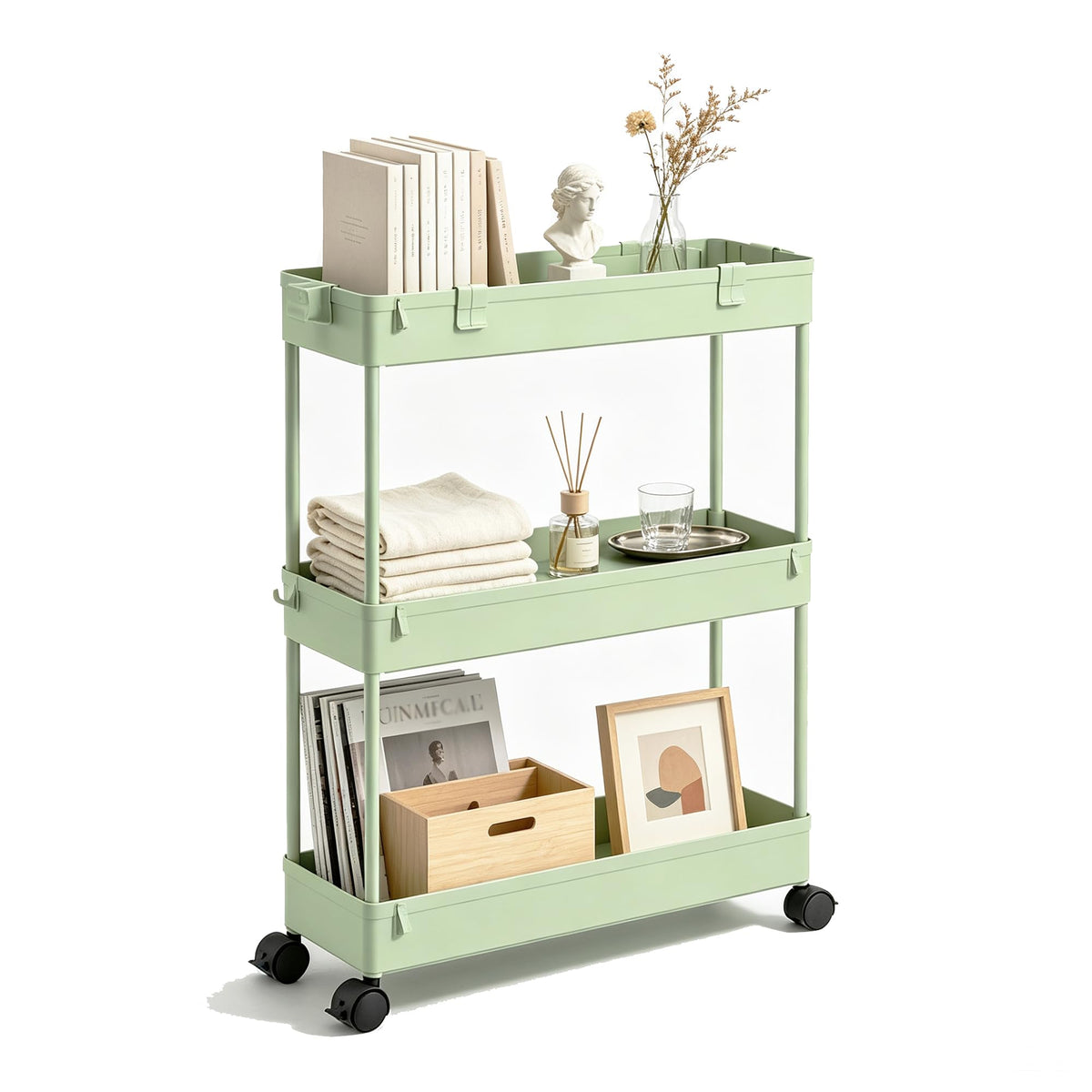 SPACELEAD Slim Storage Cart 3 Tier,Bathroom Organizer Rolling Utility, Mobile Shelving Unit Slide Out for Office, Kitchen, Laundry Room & Narrow Places,White