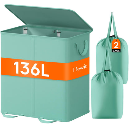 Lifewit Double Laundry Hamper with Lid, Removable Laundry Bags, Brown