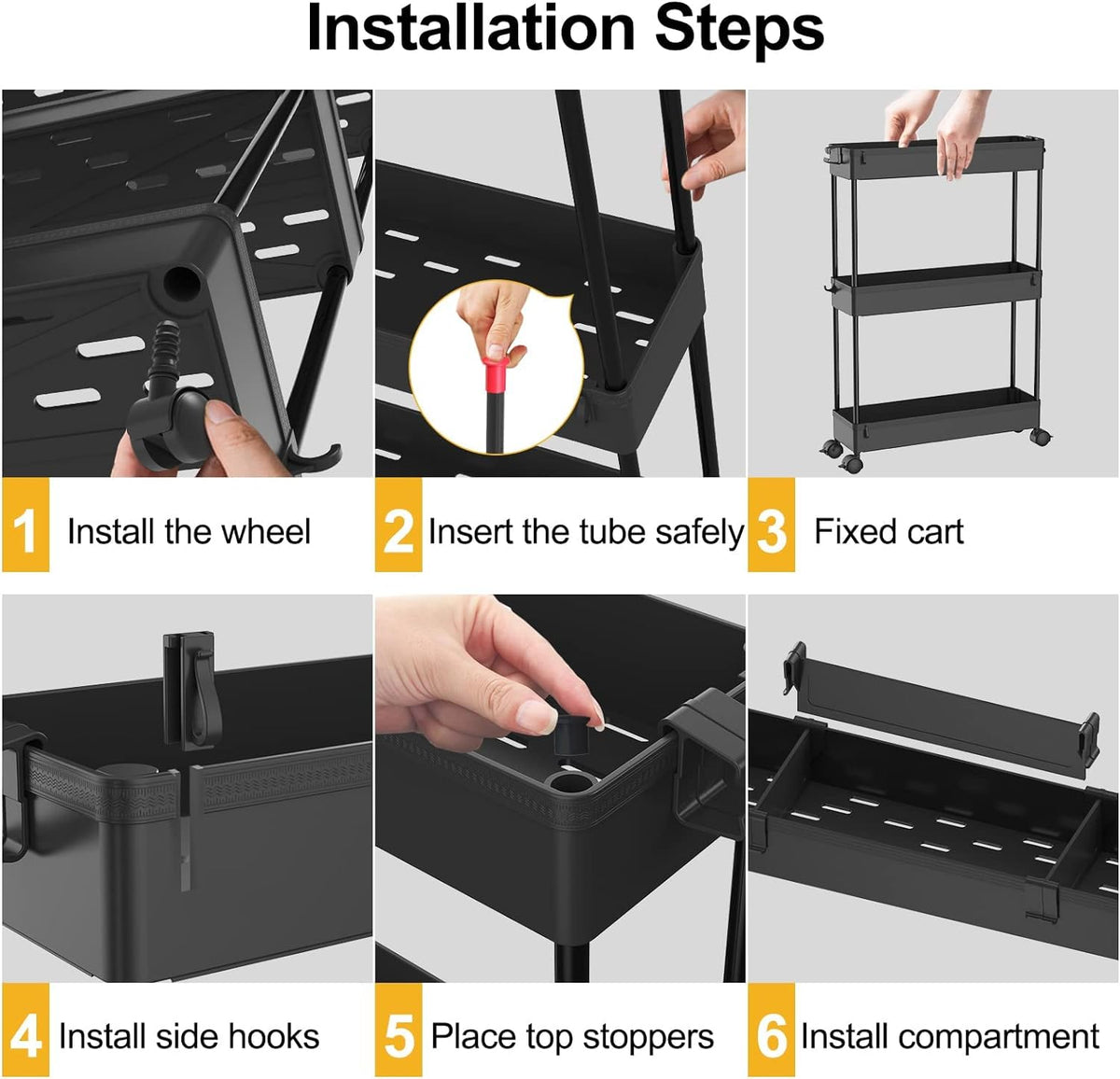 SPACELEAD Slim Storage Cart 4 Tier,Bathroom Organizer Rolling Utility,Mobile Shelving Unit Slide Out for Office, Kitchen, Laundry Room & Narrow Places,Black