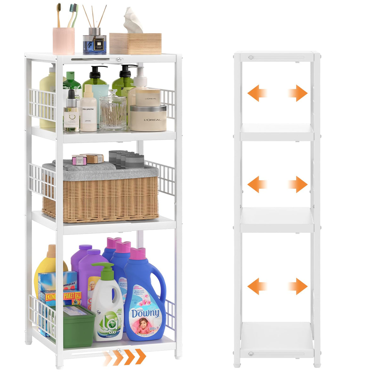 DAOUTIME 3-Tier Metal Shelving Unit, Expandable, Free-Standing, Narrow, Open Floor Shelves, Ideal for Bathroom, Kitchen, Laundry, Storage, Organization
