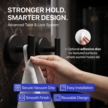 HOME SO Suction Cup Hooks for Bathroom Towel Holder T-Shape 2-Pack Black
