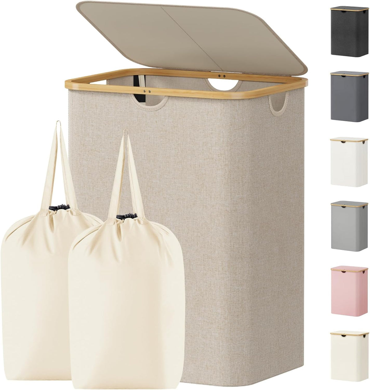 Lifewit 150L Large Laundry Basket with Lid, 2 Removable Bags, Beige
