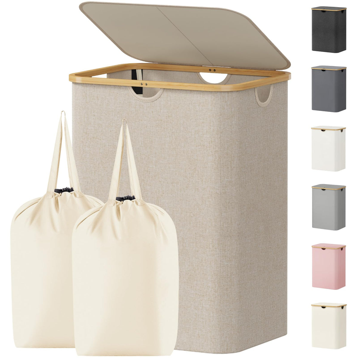 Lifewit 150L Large Laundry Basket with Lid, 2 Removable Bags, Beige