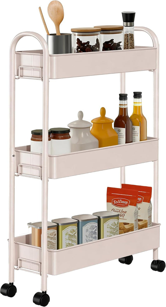 Slim Rolling Cart, Metal Frame Utility Rolling 3-Tier Narrow Storage Cart