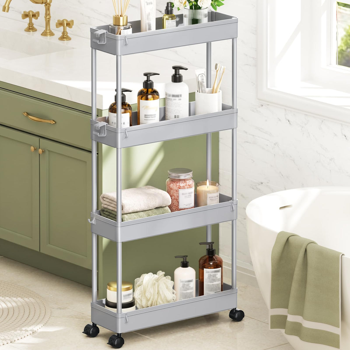 SPACEKEEPER Slim Rolling Storage Cart, 4 Tier Bathroom Cart Organizer,Black