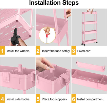 SPACELEAD Slim Storage Cart 4 Tier,Bathroom Organizer Rolling Utility,Mobile Shelving Unit Slide Out for Office, Kitchen, Laundry Room & Narrow Places,Pink
