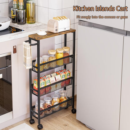 AZERPIAN Slim Rolling Cart 4 Tier Narrow Storage Cart on Wheels with Handle