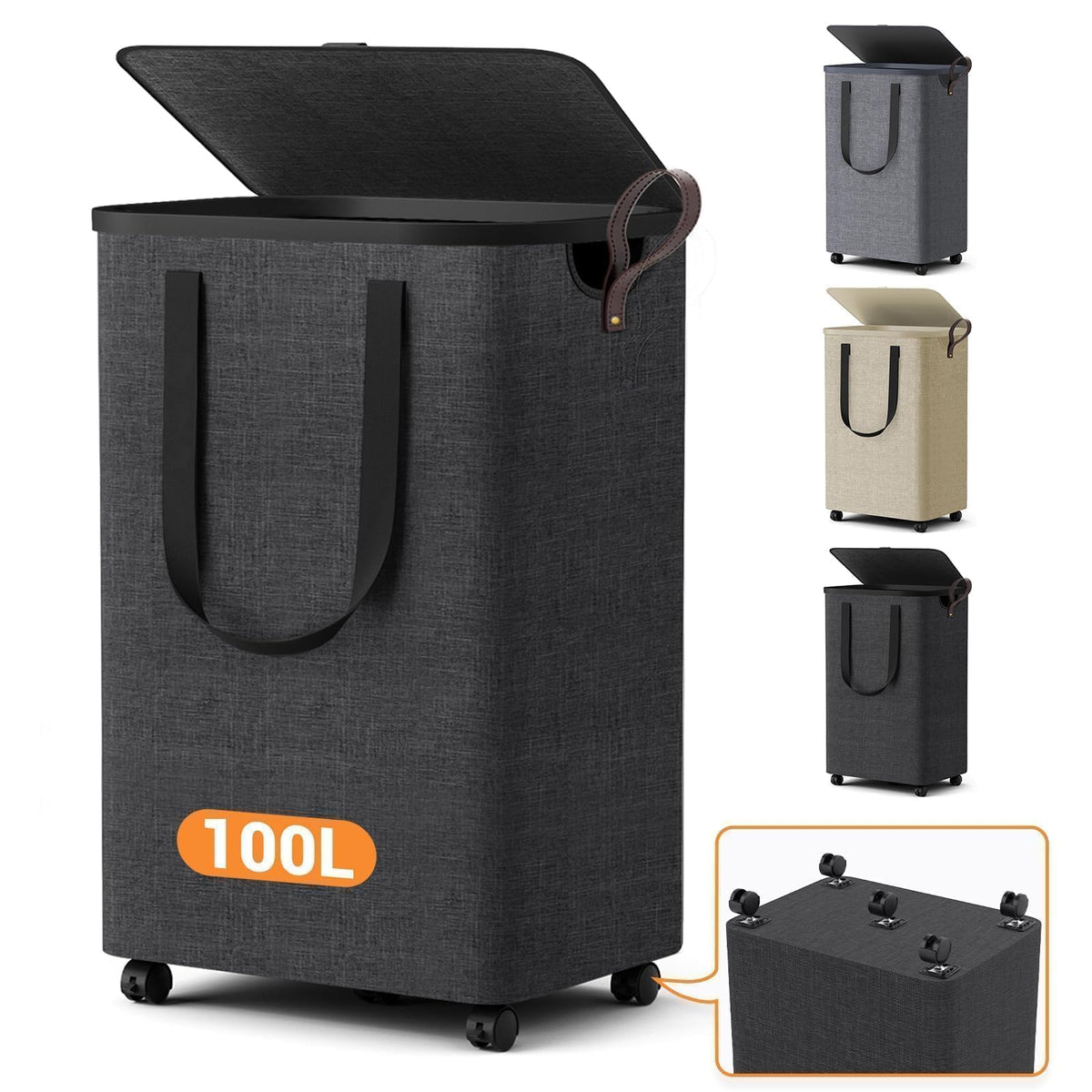 Laundry Basket with 5 Wheels, Rolling Laundry Hamper, 75L, Deep Gray