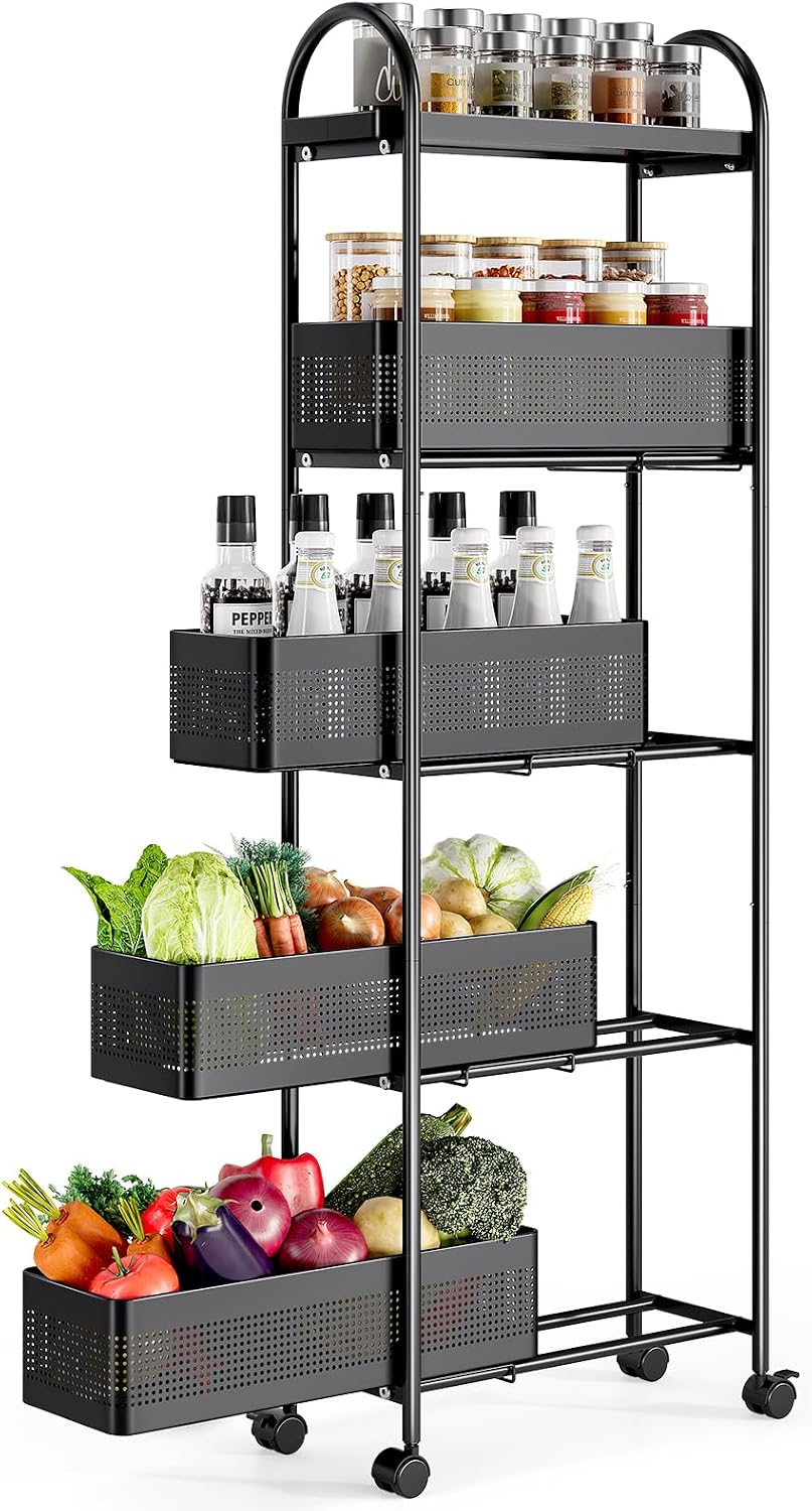KINGRACK 5 Tier Slim Rolling Cart with Drawer, Metal Utility Storage Cart