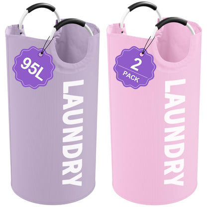 95L Large Laundry Basket with Handles, Foldable Clothes Hampers Stand Up Well, Waterproof Dirty Clothes Hamper, Rugged Laundry Basket for Flat, Dorm, Hotel, Pink