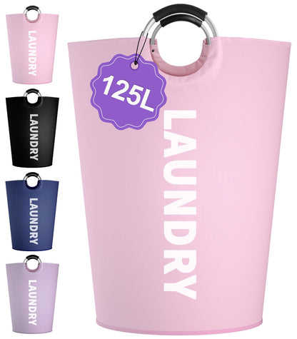 95L Large Laundry Basket with Handles, Foldable Clothes Hampers Stand Up Well, Waterproof Dirty Clothes Hamper, Rugged Laundry Basket for Flat, Dorm, Hotel, Pink