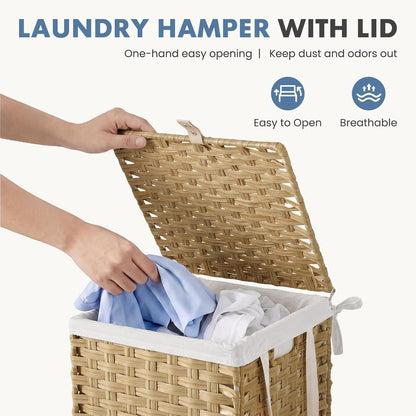 DUMOS Laundry Basket with Lid, 65L Wicker Laundry Hampers, Goose Yellow