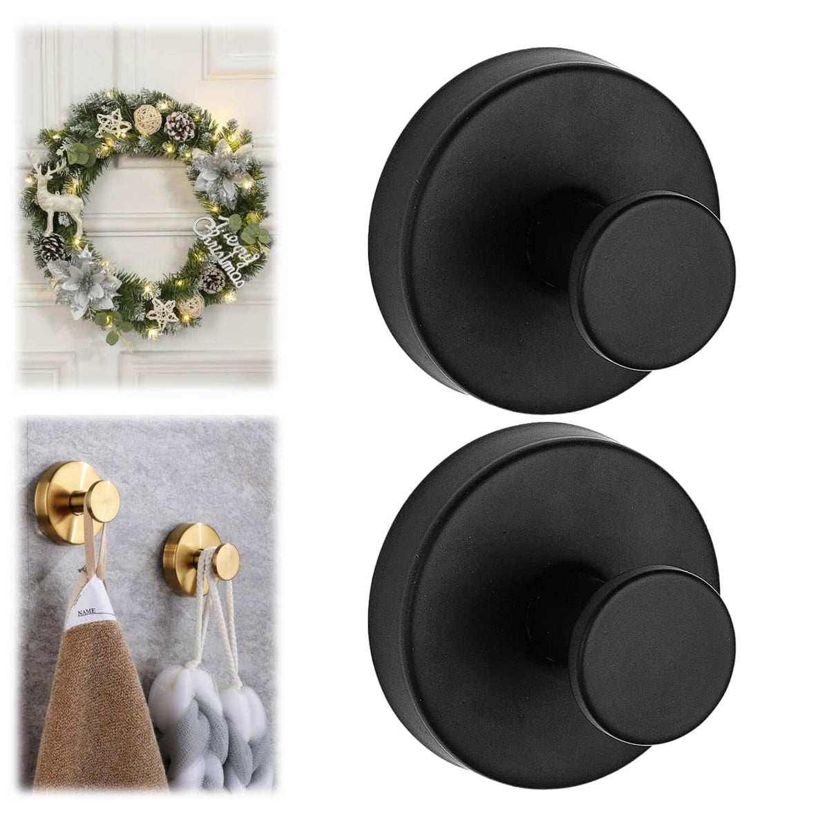 Suction Cup Hooks for Wreaths on Glass, Model No-Drill Suction Cup Hooks, Wreath Hangers for Front Doors, Metal Towel Hooks for Showers Bathrooms Mirrors(Black 1pcs)