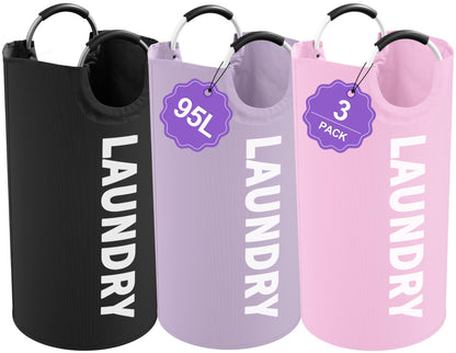 95L Large Laundry Basket with Handles, Foldable Clothes Hampers Stand Up Well, Waterproof Dirty Clothes Hamper, Rugged Laundry Basket for Flat, Dorm, Hotel, Pink