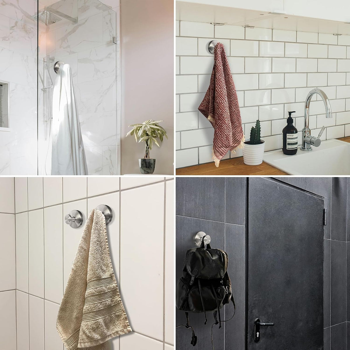 Suction Cup Hooks for Shower - 2 Pack, Matte Black - Stainless Steel, Strong Suction, No Drill, Removable Hanger, Tile Bathroom Kitchen Wall, Glass Door, Mirror Hook Hanging Robe, Towel Holder
