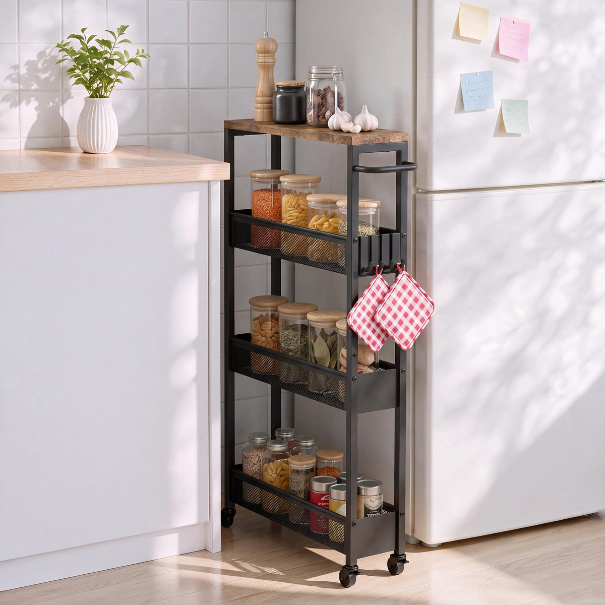 7.1" Wide Slim Storage Cart on Wheels, 4 Tier Metal Narrow Rolling Cart with Handle and Wood Top, Multifunctional Small Mobile Shelf Unit Organizer Trolley for Laundry, Bathroom, Kitchen