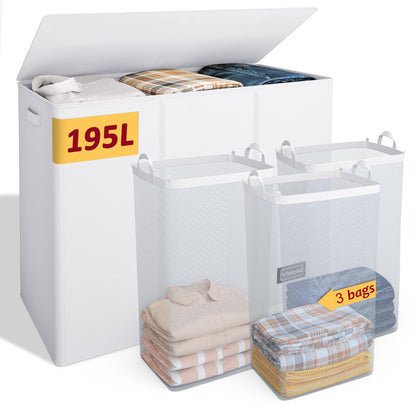 195L Laundry Hamper 3 Section,Large Laundry Hamper with Lid,Dirty Clothes Hamper with 3 Inner Bags,Collapsible Laundry Basket Organizer for Laundry Room,Bedroom,Laundry Sorter Hamper 3 Compartment