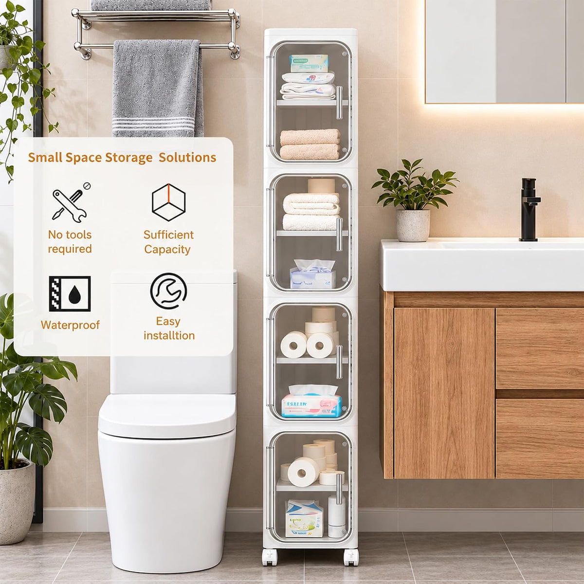 Narrow Slim Bathroom Storage Cabinet with Wheels, 4-Tier White