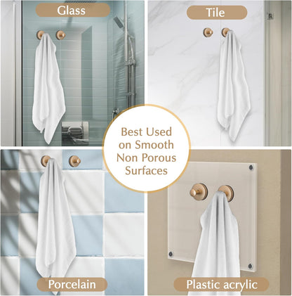 Suction Cup Hooks for Shower, Bathroom, Glass Door, Mirror, Tile - Loofah, Towel, Coat, Robe for Hanging up to 15 lbs – Brushed Gold, Matte Chrome Nickel, Black - 2 pack (Brushed Gold)