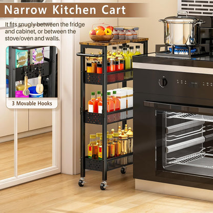4-Tier Slim Utility Rolling Cart with Wheels, Wood Top, Metal