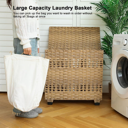 OIAHOMY Laundry Hamper with Lid, 140L Clothes Hamper with 3 Removable Liner Bags, Foldable Basket with Lid, Synthetic Wicker Laundry Basket for Bedroom, 27x 13 x 26 Inches, Yellow