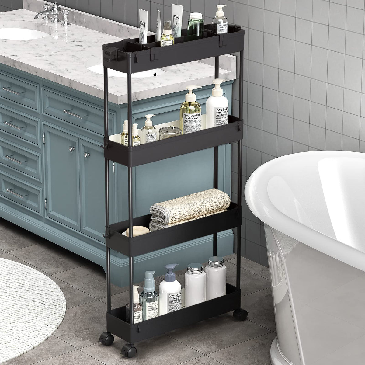 SPACELEAD Slim Storage Cart 4 Tier,Bathroom Organizer Rolling Utility,Mobile Shelving Unit Slide Out for Office, Kitchen, Laundry Room & Narrow Places,Pink