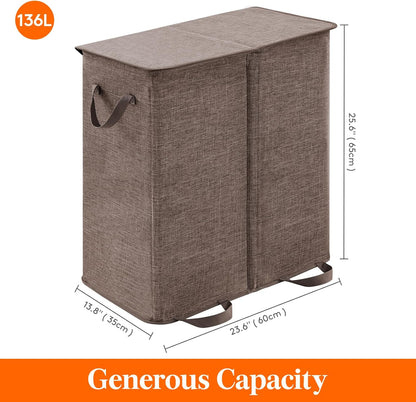 Lifewit Double Laundry Hamper with Lid, Removable Laundry Bags, Brown