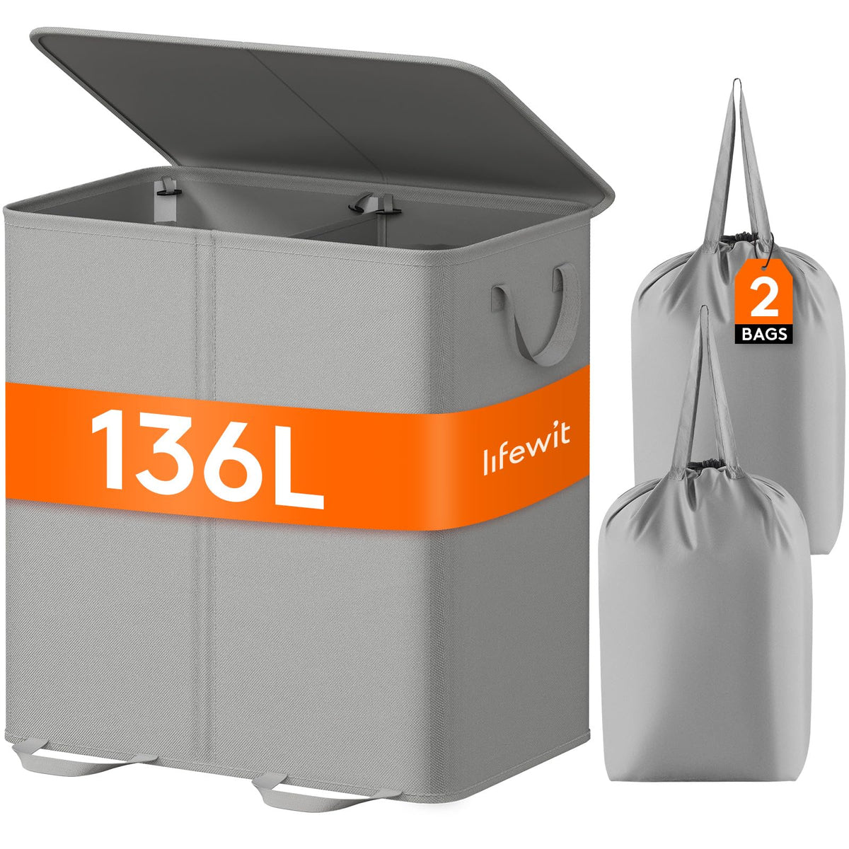 Lifewit Double Laundry Hamper with Lid, Removable Laundry Bags, Brown