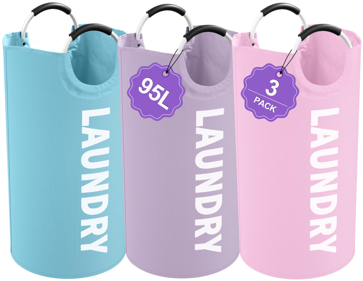 95L Large Laundry Basket with Handles, Foldable Clothes Hampers Stand Up Well, Waterproof Dirty Clothes Hamper, Rugged Laundry Basket for Flat, Dorm, Hotel, Pink