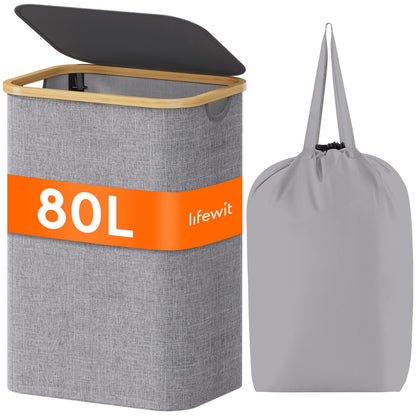 Lifewit 150L Large Laundry Basket with Lid, 2 Removable Bags, Beige