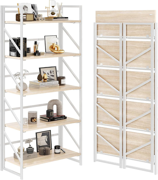 JSB No Assembly Folding Bookshelf, 5 Tier Industrial Metal Book Shelf for Storage, Vintage Wood Foldable Bookcase for Living Room, Bedroom, Office Organization Shelves