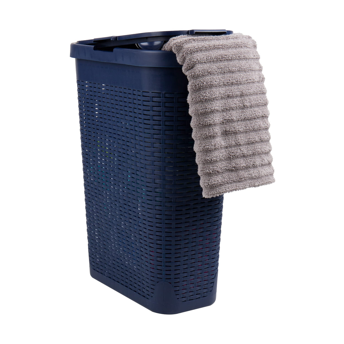 Mind Reader Slim Laundry Hamper with Lid, 40L Clothes Basket, Narrow Tapered Design with Ventilated Cutout Pattern, Plastic, Ivory