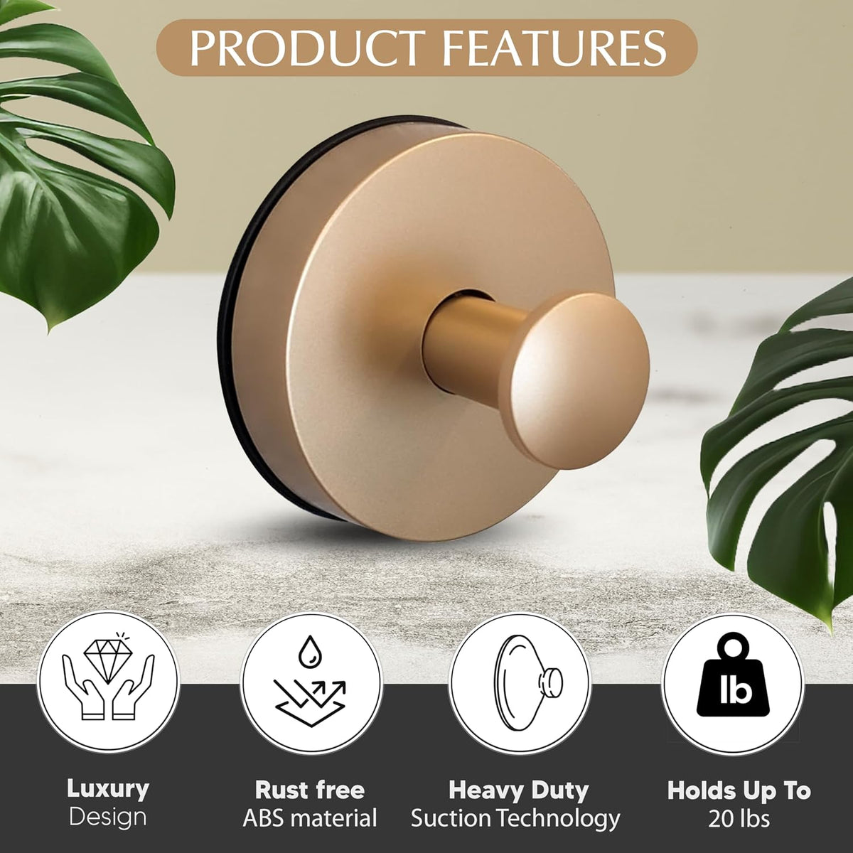 Suction Cup Hooks for Shower, Bathroom, Glass Door, Mirror, Tile - Loofah, Towel, Coat, Robe for Hanging up to 15 lbs – Brushed Gold, Matte Chrome Nickel, Black - 2 pack (Brushed Gold)