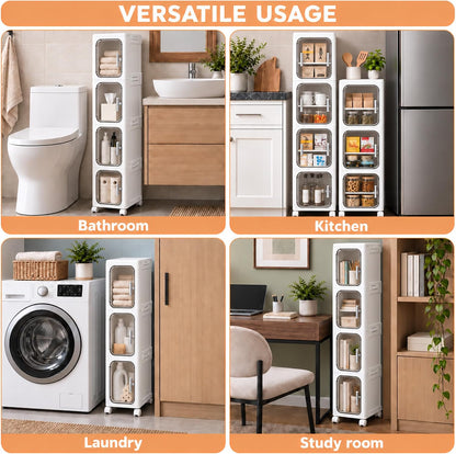 Narrow Slim Bathroom Storage Cabinet with Wheels, 4-Tier White