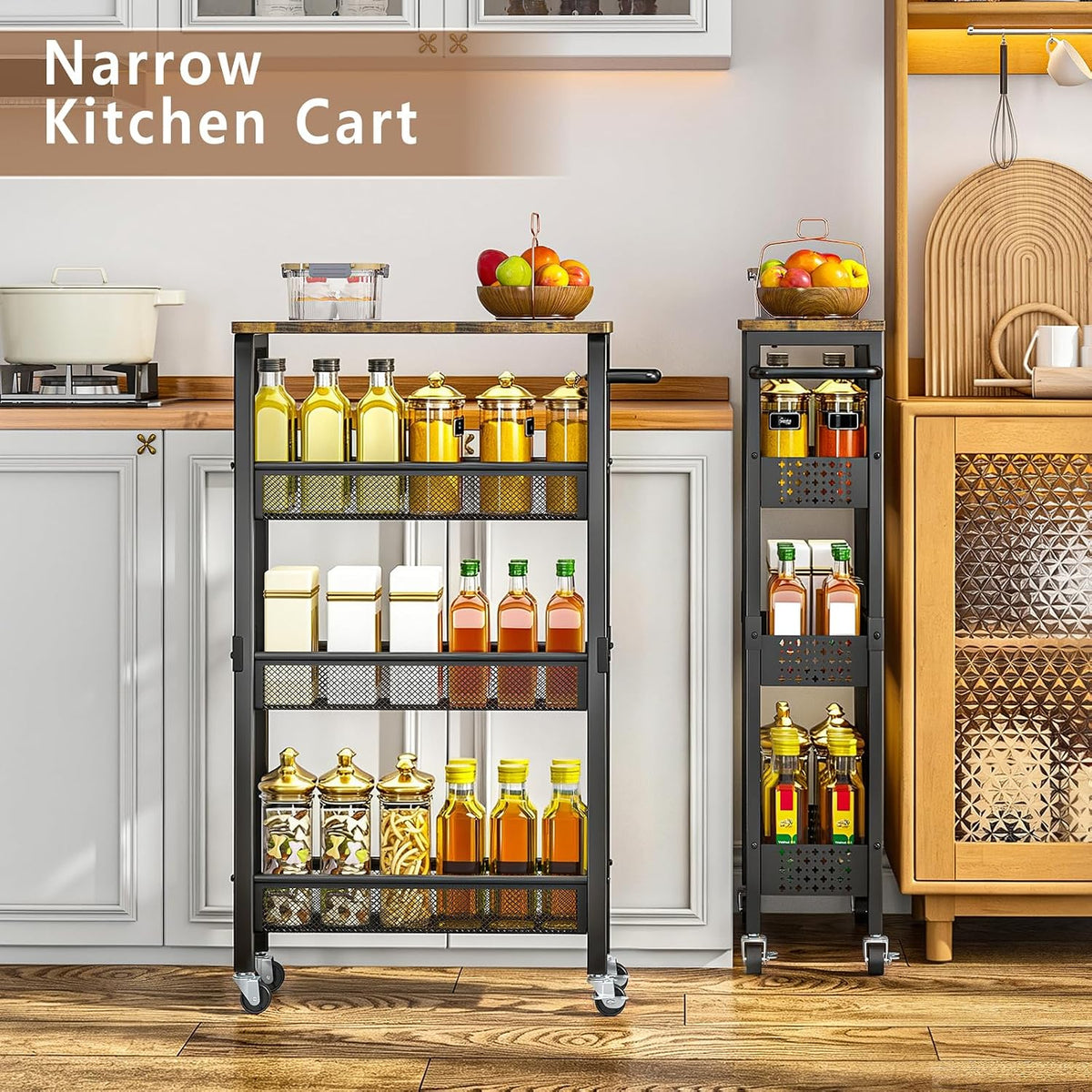 4-Tier Slim Utility Rolling Cart with Wheels, Wood Top, Metal