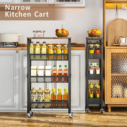 4-Tier Slim Utility Rolling Cart with Wheels, Wood Top, Metal