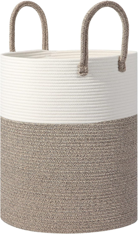 Large 60L Laundry Basket Hamper, Woven Cotton Rope Basket with Handles, Blanket Basket for Living Room, Baby Nursery, Bedroom & Bathroom, 15"D x 20"H Decorative Clothes Hamper, White/Brown