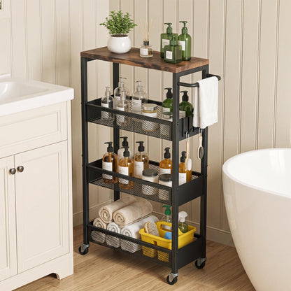 7.1" Wide Slim Storage Cart on Wheels, 4 Tier Metal Narrow Rolling Cart with Handle and Wood Top, Multifunctional Small Mobile Shelf Unit Organizer Trolley for Laundry, Bathroom, Kitchen