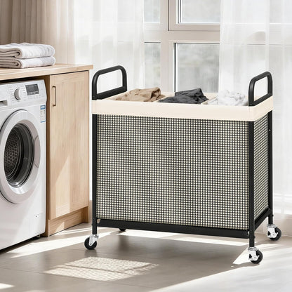 STORAGE MANIAC Rolling Laundry Hamper with Wheels 3-Section Laundry Sorter Rolling Laundrys Basket on Wheels with Removable Bag Clothes Hamper Laundrys Organizer Cart Bathroom Bedroom 120L Beige