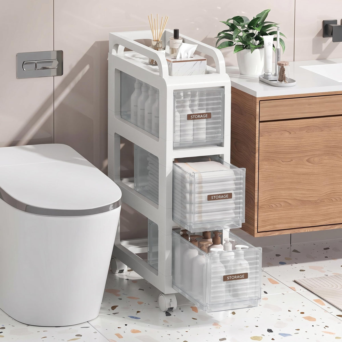Bathroom Storage with Drawers, 7.87" Wide Slim Cabinet with Wheels