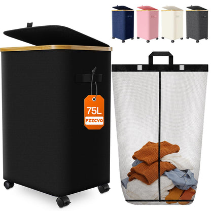 Laundry Hamper with Wheels, 75L Rolling Laundry Basket, Removable Inner Bag