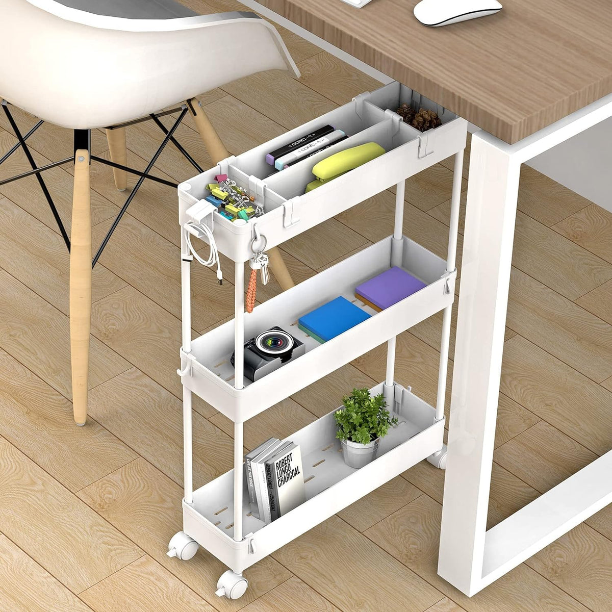 SPACELEAD Slim Storage Cart 3 Tier,Bathroom Organizer Rolling Utility, Mobile Shelving Unit Slide Out for Office, Kitchen, Laundry Room & Narrow Places,White