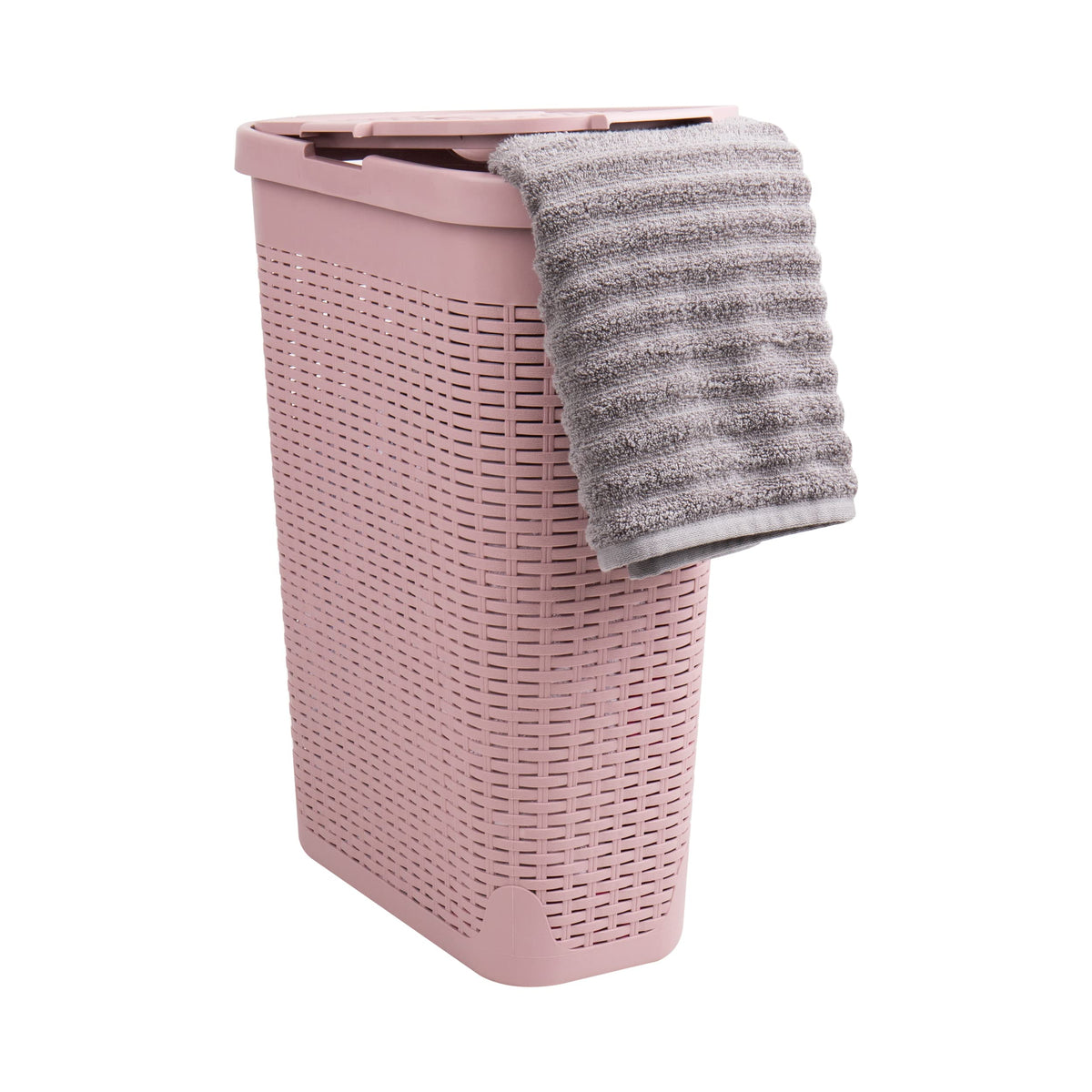 Mind Reader Slim Laundry Hamper with Lid, 40L Clothes Basket, Narrow Tapered Design with Ventilated Cutout Pattern, Plastic, Ivory