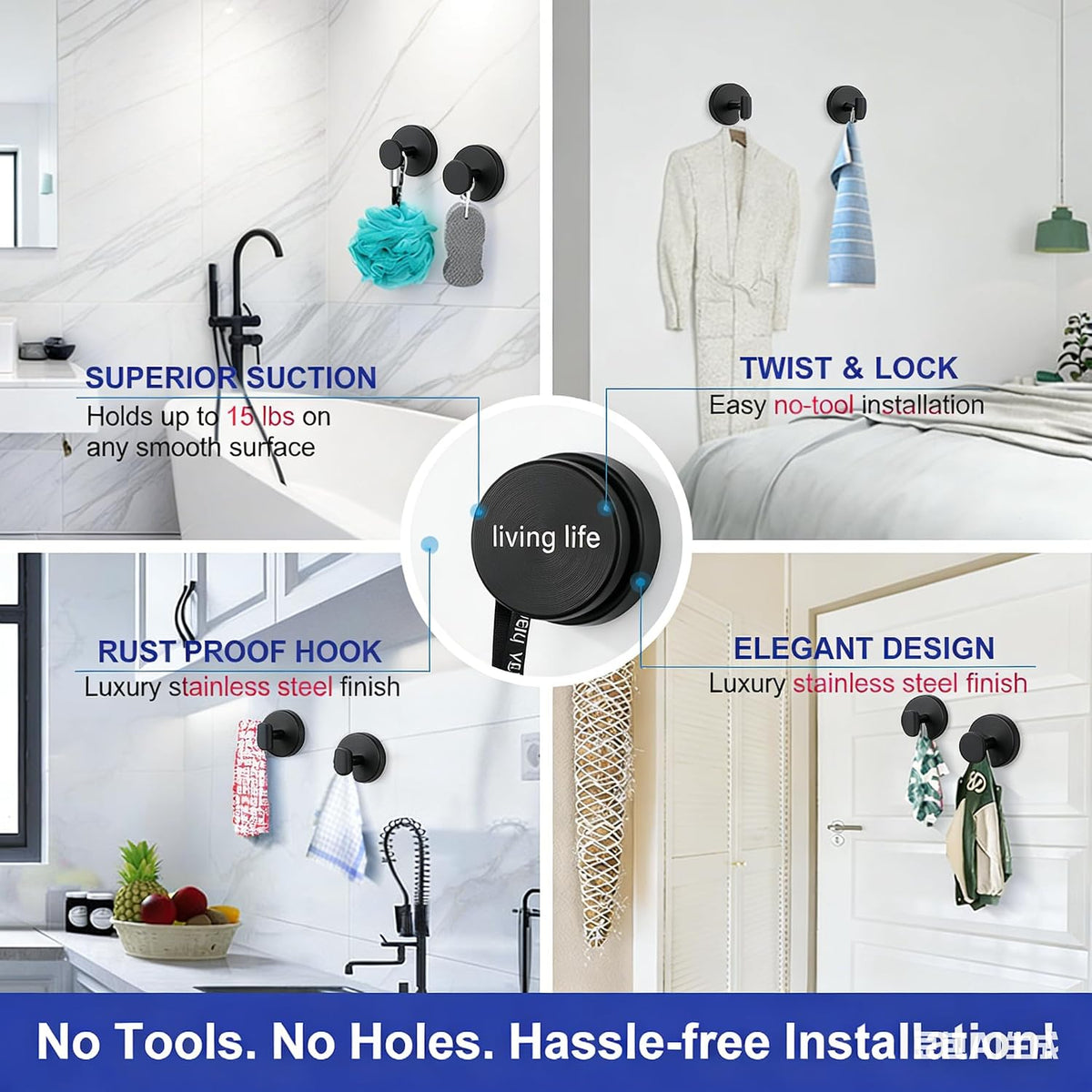 2 Pack Heavy Duty Suction Cup Hooks for Shower, Vacuum Lock Stainless Steel Bathroom Towel Hooks, No Drill Removable Rustproof Robe and Loofah Hangers for Glass Tile Mirror, Holds 12 lb