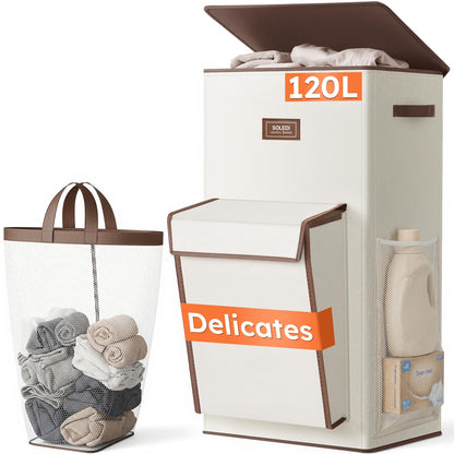 SOLEDI 180L Double Laundry Hamper with Lid and 2 Side Pockets, Dual Hamper
