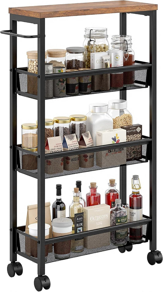 VECELO 4 Tier Slim Rolling Cart Organizer, Rolling Carts On Wheels with Storage, Sturdy Metal Frame Narrow Cart with Handle, Space Saving for Kitchen, Bathroom, Laundry, Rustic Brown