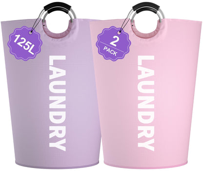 95L Large Laundry Basket with Handles, Foldable Clothes Hampers Stand Up Well, Waterproof Dirty Clothes Hamper, Rugged Laundry Basket for Flat, Dorm, Hotel, Pink