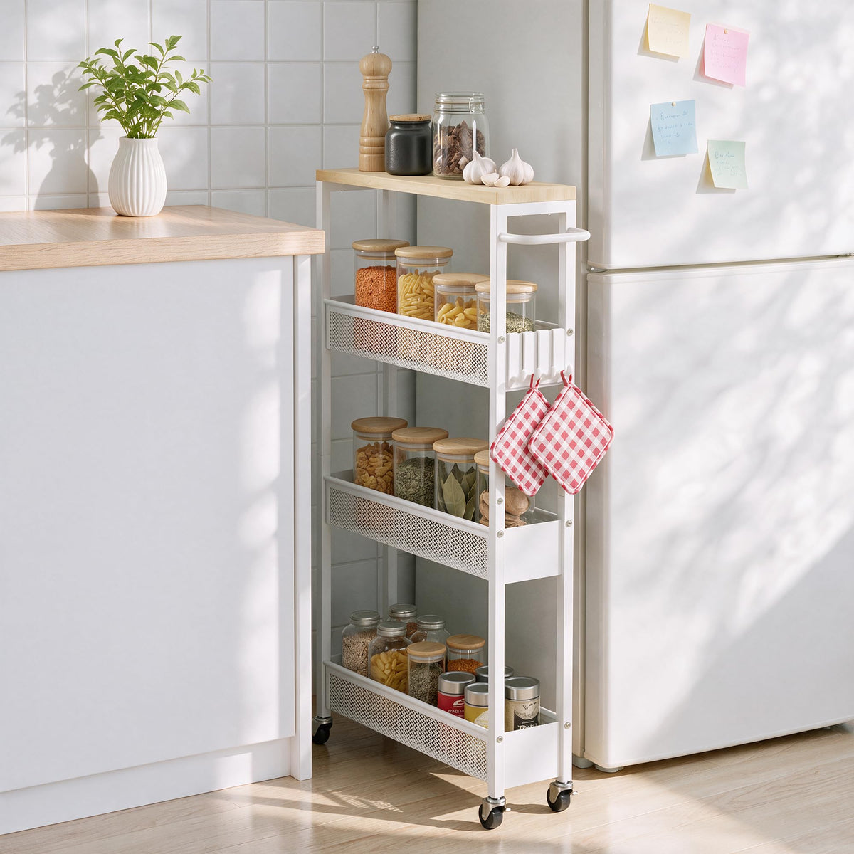 7.1" Wide Slim Storage Cart on Wheels, 4 Tier Metal Narrow Rolling Cart with Handle and Wood Top, Multifunctional Small Mobile Shelf Unit Organizer Trolley for Laundry, Bathroom, Kitchen