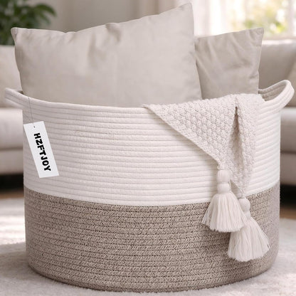 Large Woven Blanket Basket,65L Cotton Rope Laundry Basket