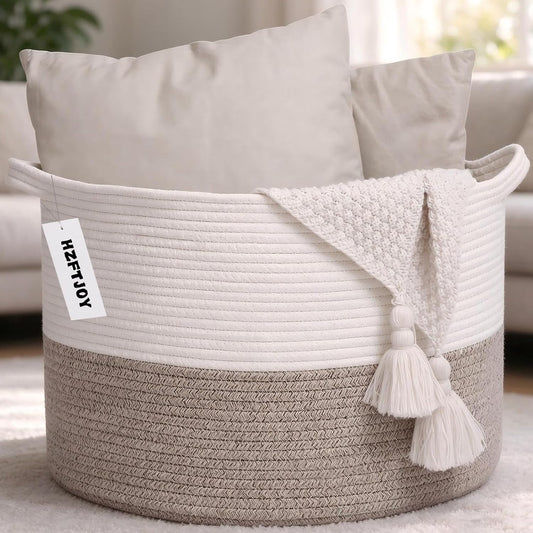 Large Woven Blanket Basket,65L Cotton Rope Laundry Basket